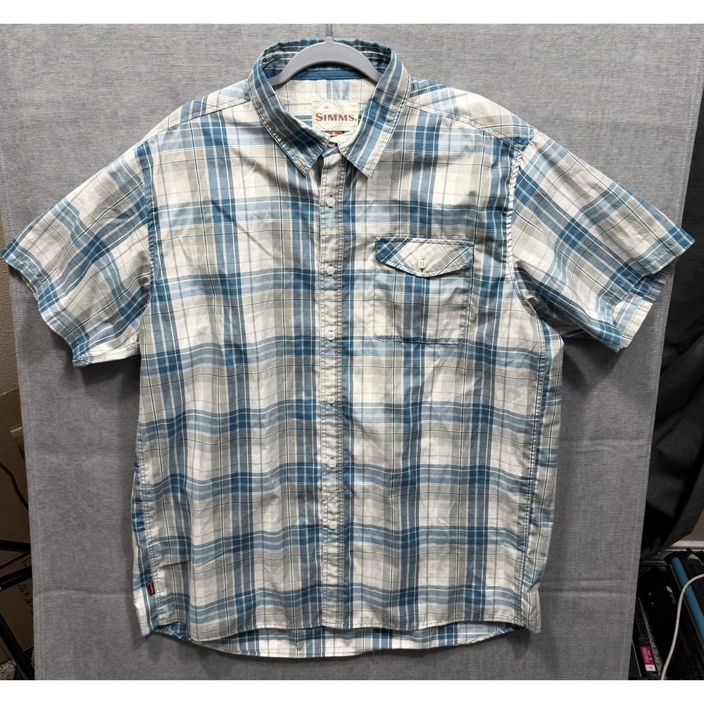 Simms Fishing Products Shirt Men's X Large Blue Short Sleeve Button Up Shirt